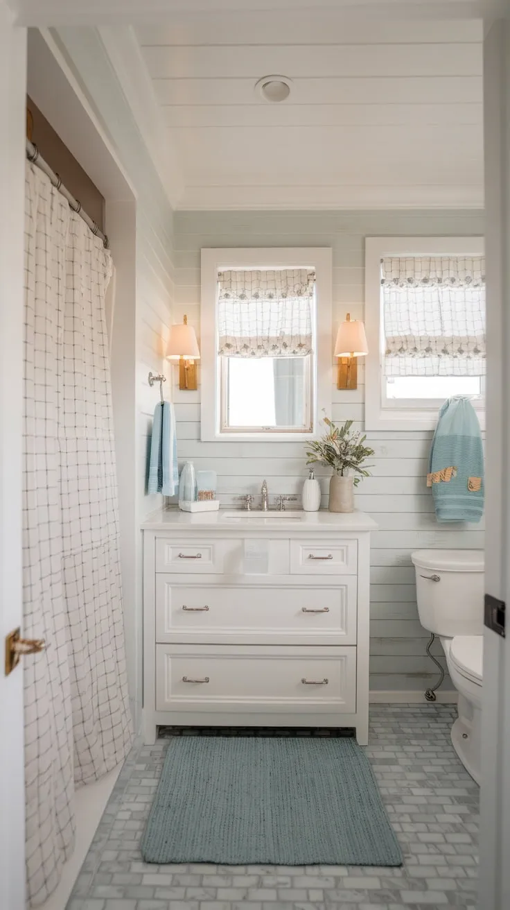 This modern beach house boasts a stunning coastal-farmhouse guest bathroom perfect for VRBO inspiration.