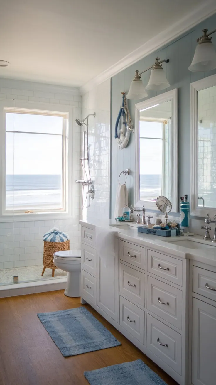 A farmhouse coastal bathroom boasts ocean views and a serene blue and white nautical design.