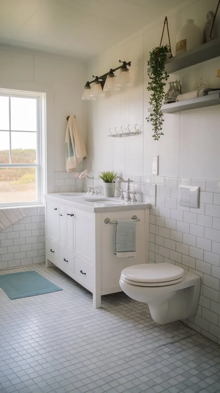 A serene coastal bathroom boasts a modern farmhouse aesthetic, featuring whitewashed accents and a tranquil outdoor view.