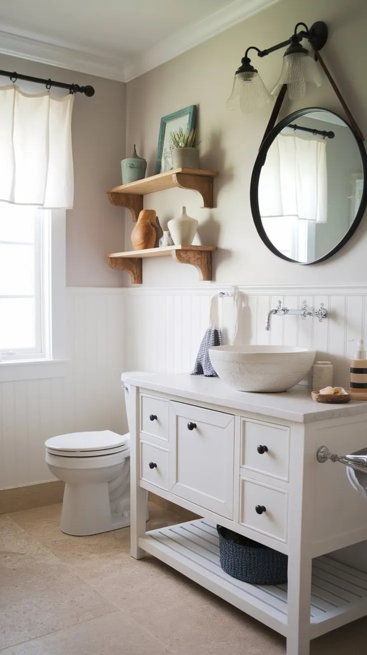 Relax in this charming coastal farmhouse bathroom, featuring a white vanity, beige tile floors, and beach-themed accents.