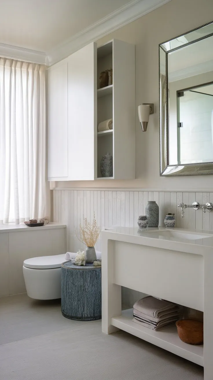 Modern coastal calm reigns in this bright bathroom, featuring a white vanity, gray tile, and a large mirror.