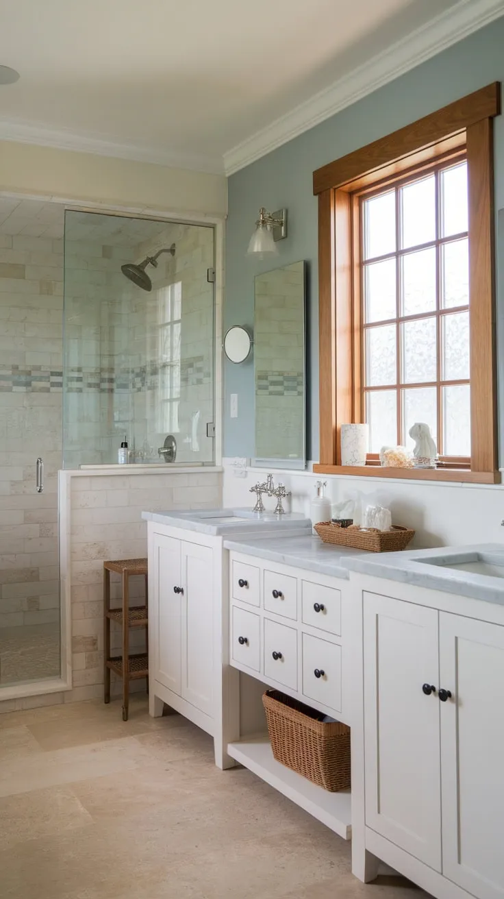 Serene coastal farmhouse bathroom remodel boasts a light blue palette, white vanity, and natural wood accents for a tranquil beach escape