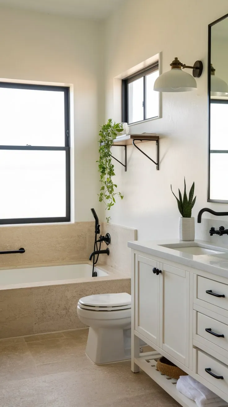 A bright, airy coastal bathroom boasts a minimalist design with natural light and calming green accents.