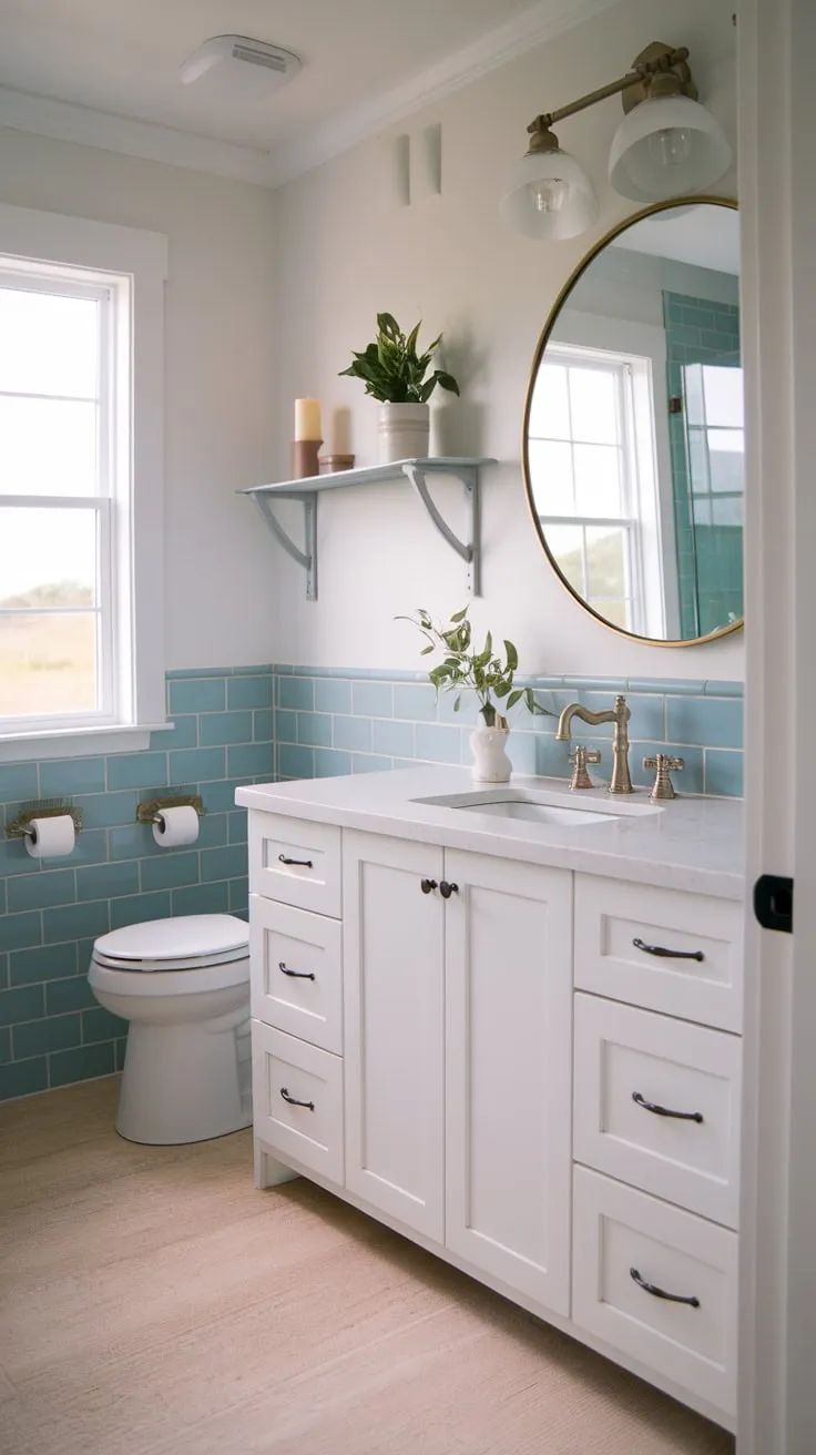 This coastal bathroom's airy design features white cabinets, beige tile floors, and a blue-tiled wall, complemented by brass fixtures and a window view.