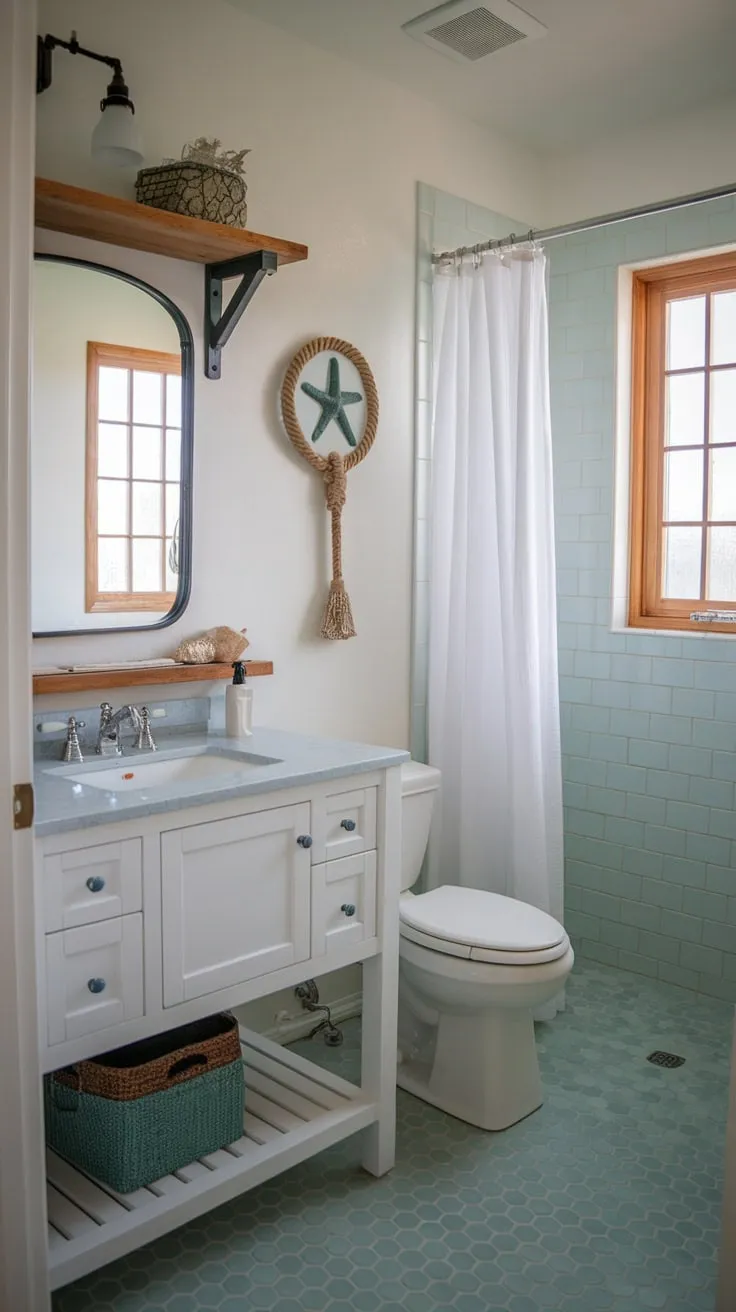 A serene coastal bathroom remodel boasts a farmhouse aesthetic with blue hex tiles and starfish-adorned décor.