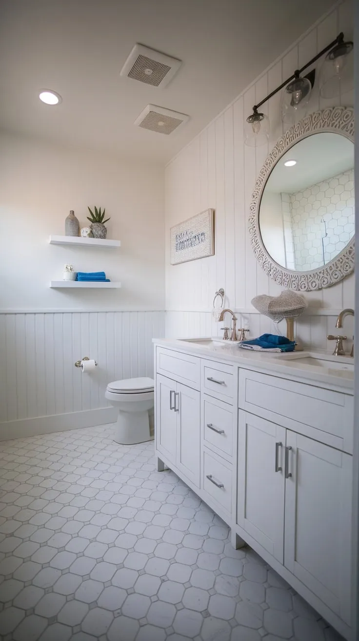 Relax in this modern coastal farmhouse bathroom, featuring a stylish white vanity, geometric tile floors, and beach-themed accents.