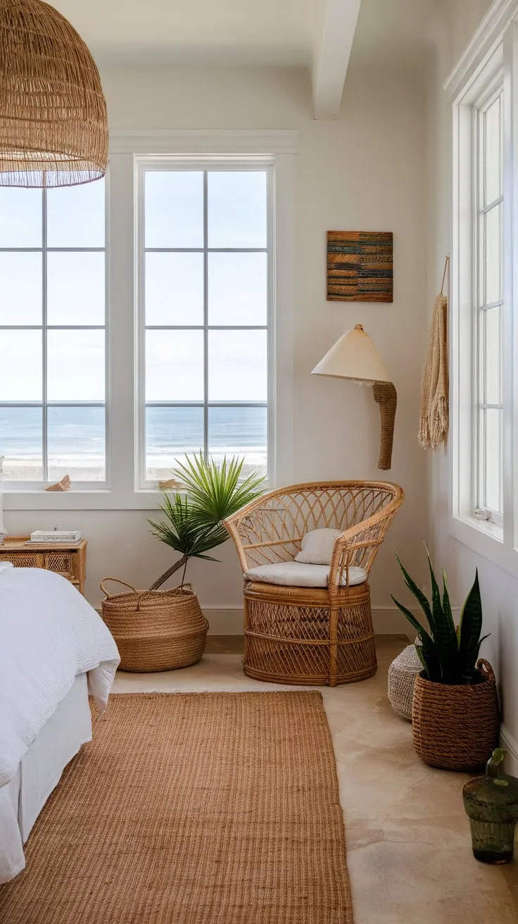 A whitewashed beach house bedroom offers tranquil ocean vistas and relaxed bohemian style.