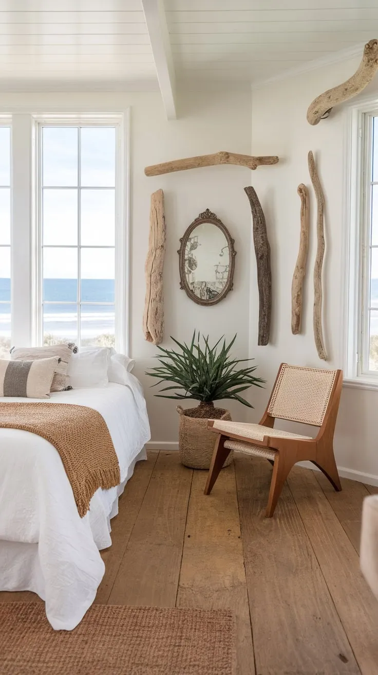 Ocean views and driftwood accents create a serene bohemian coastal bedroom retreat