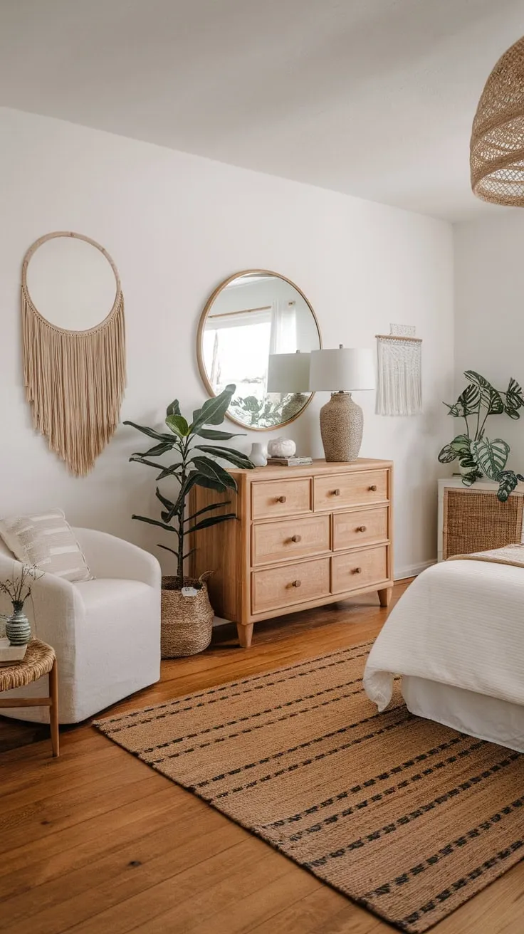 A calming coastal bedroom blends boho style with whitewashed furniture and natural wood floors for a tranquil retreat.