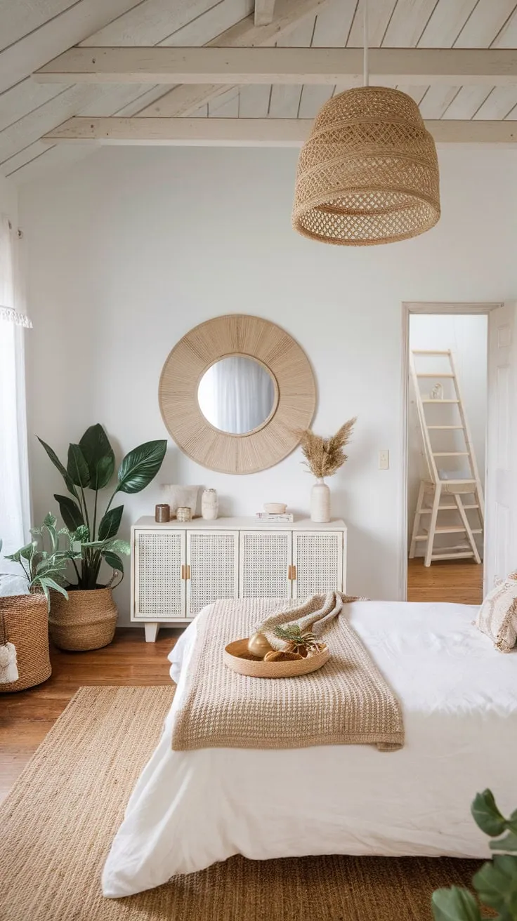 Relax in a sun-drenched coastal bedroom featuring a bohemian vibe, natural wood, and a charming loft access.