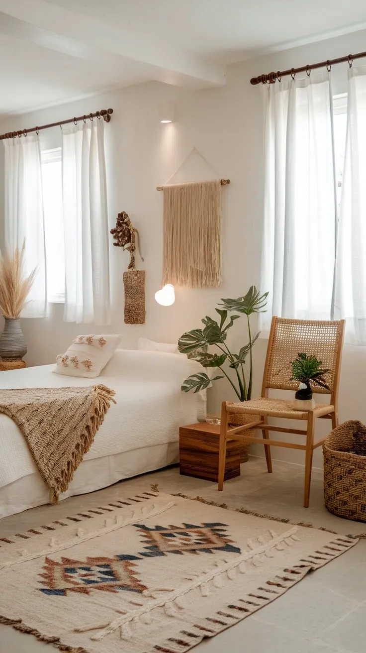 A serene coastal bedroom blends boho charm and modern beach house style with woven textures, natural wood, and calming artwork.