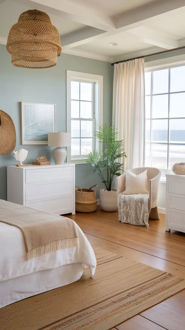 A whitewashed beach house bedroom offers tranquil ocean views and a blend of modern and bohemian style.