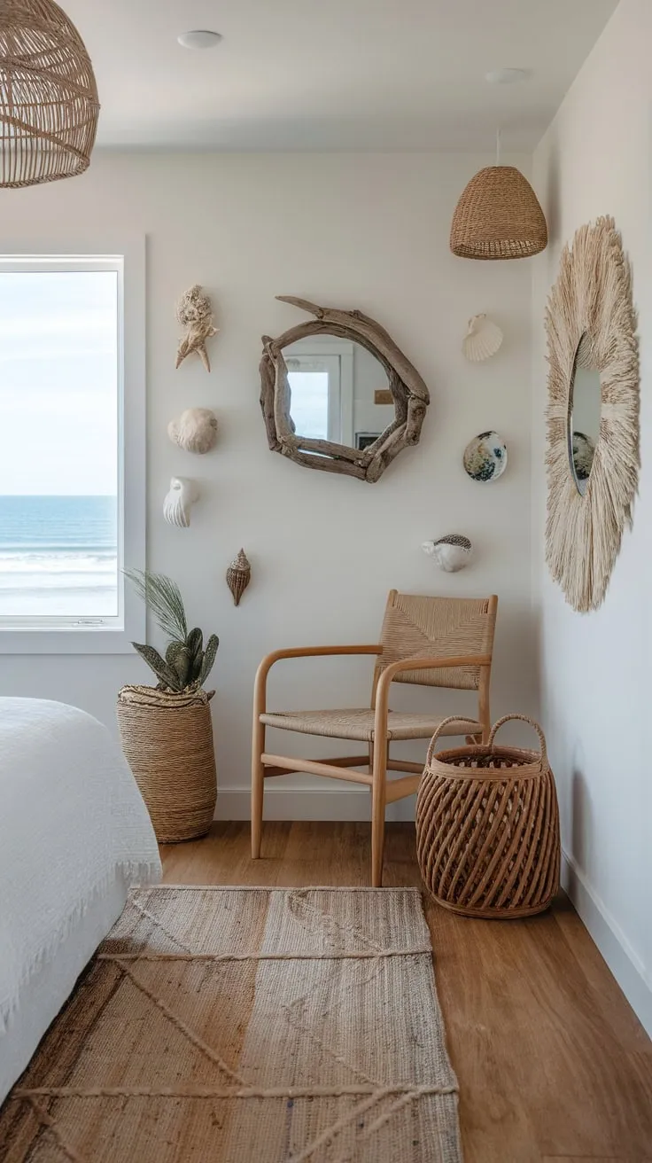 A serene coastal bedroom boasts a boho-chic vibe with ocean views, driftwood accents, and natural textures.