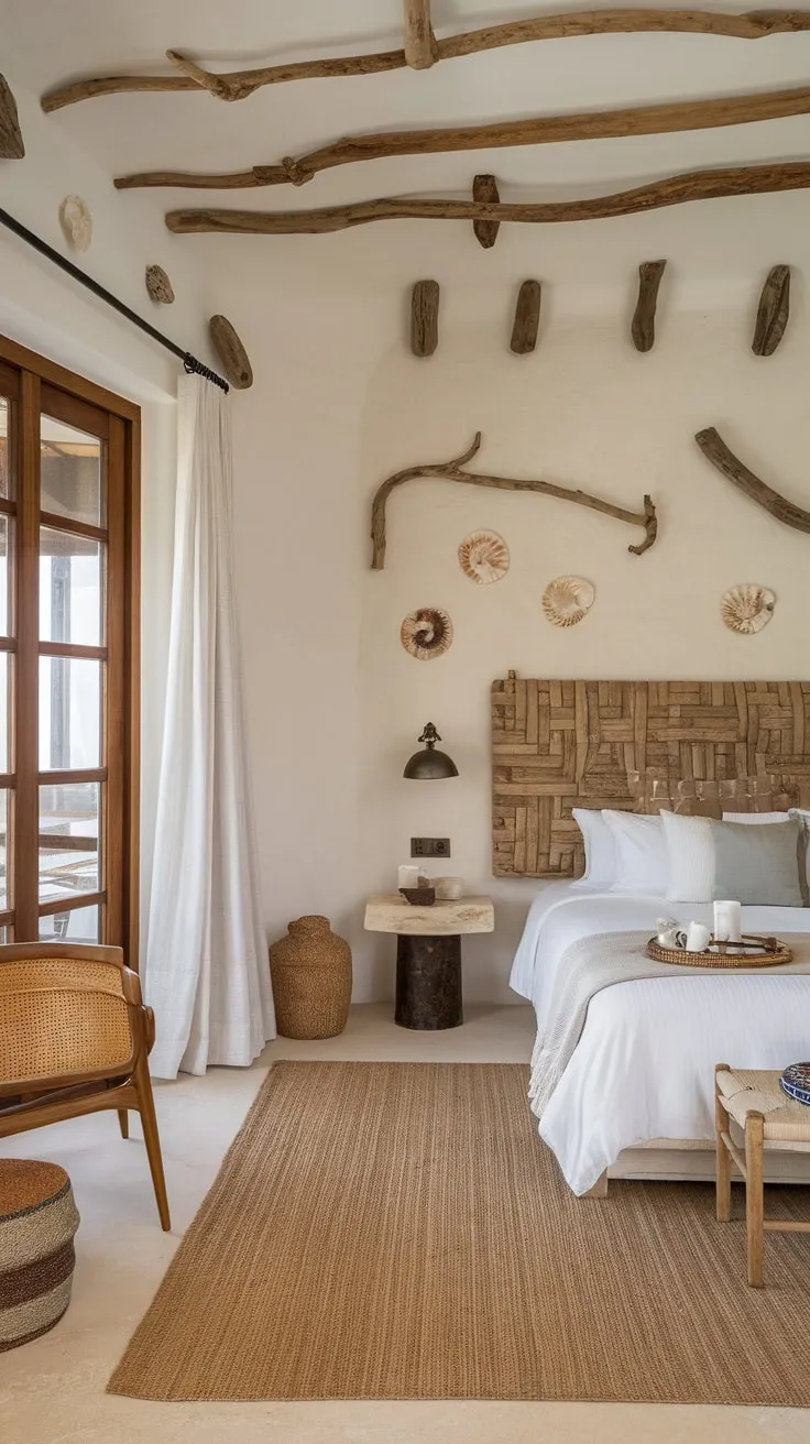 A white-washed haven, this coastal bedroom blends natural textures and calming ocean vibes.
