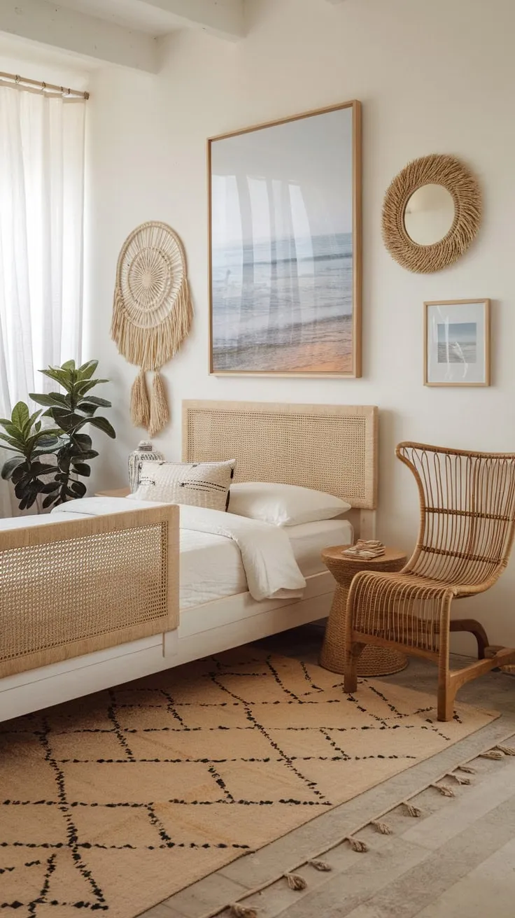 Relax in a bohemian beach house bedroom featuring a white wooden bed, rattan accents, and ocean-inspired art.