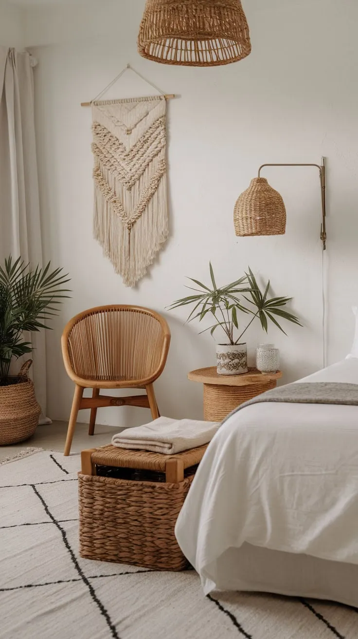 A minimalist bohemian coastal bedroom evokes a serene beach house vibe with woven textures and natural elements.