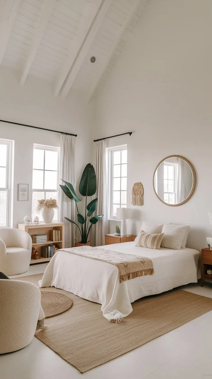 A high-ceilinged white coastal bedroom boasts boho chic with a queen bed, woven textures, and calming natural accents.