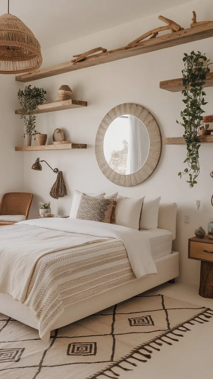 Driftwood and woven textures define this calming coastal bedroom, its minimal design highlighting a tranquil beach house aesthetic.