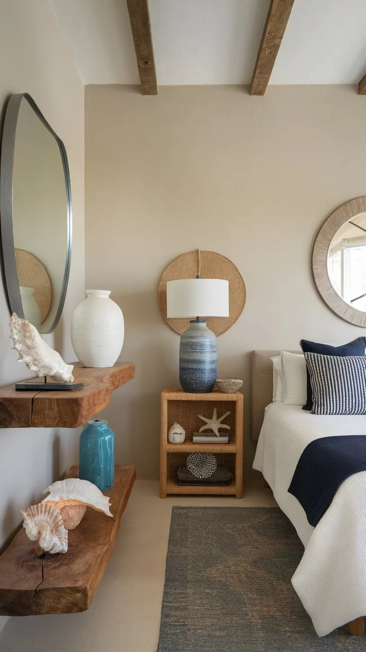A modern beach house bedroom offers a tranquil escape with nautical accents and a breezy aesthetic