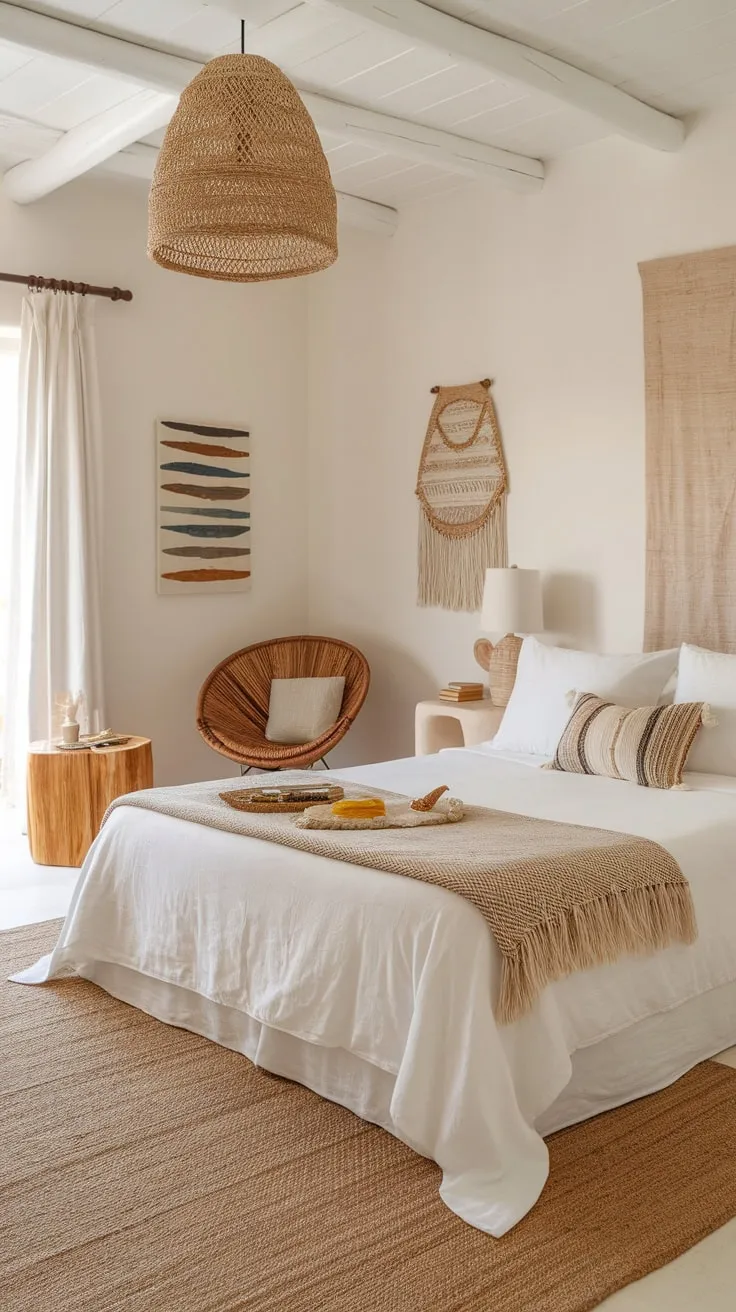 A serene coastal bedroom boasts a boho vibe with woven textures and calming whites.