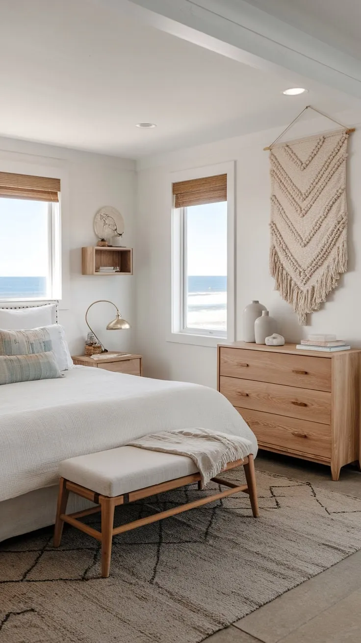 Wake to ocean views from this minimalist boho coastal bedroom's queen bed