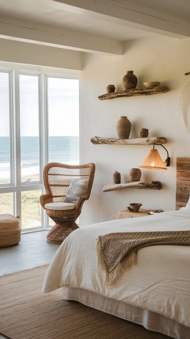 Wake to ocean views from this serene coastal bedroom, its boho chic style enhanced by driftwood accents and a woven throw.