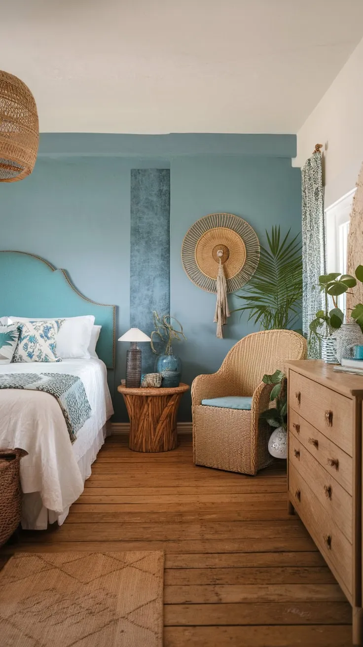 Relax in a breezy coastal bedroom featuring a teal headboard, wicker accents, and calming blue walls.