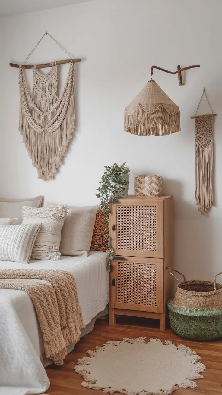 Relax in a bohemian coastal bedroom featuring a white bed, woven textures, and macrame accents.