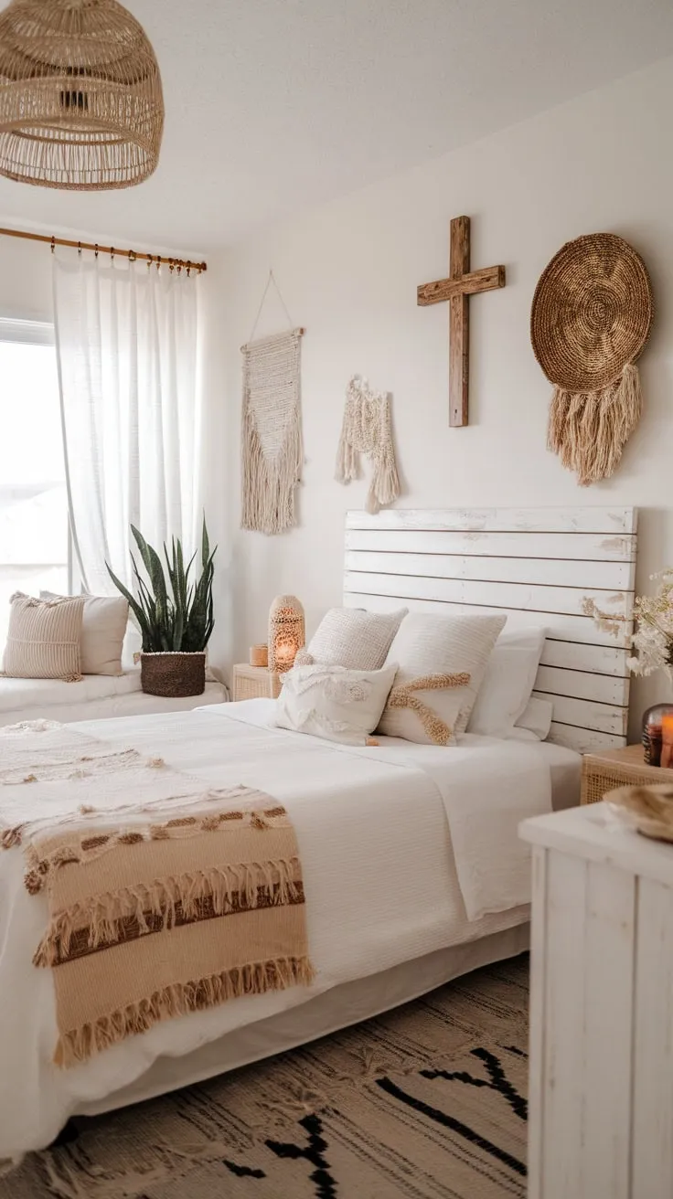 Whitewashed furniture and natural elements define this tranquil coastal boho bedroom retreat.