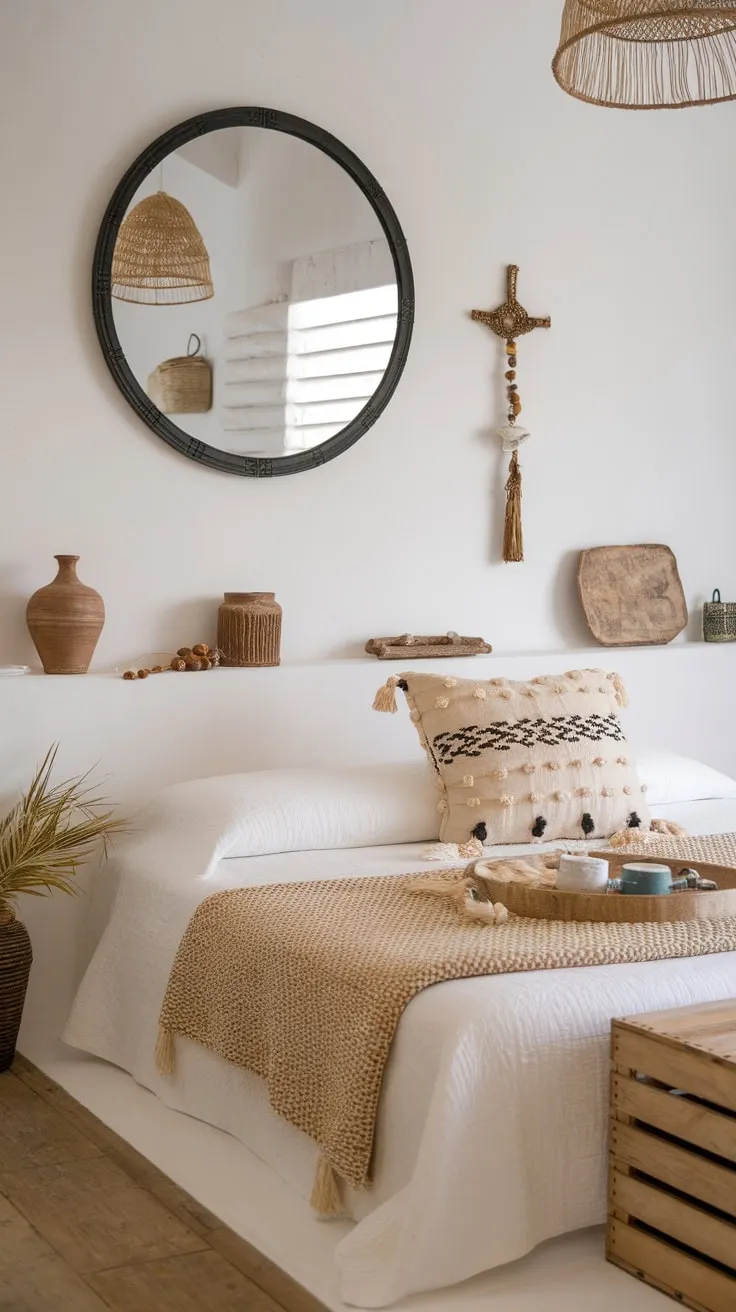 Relax in a breezy coastal bedroom featuring a white bed, woven textiles, and eclectic boho décor.