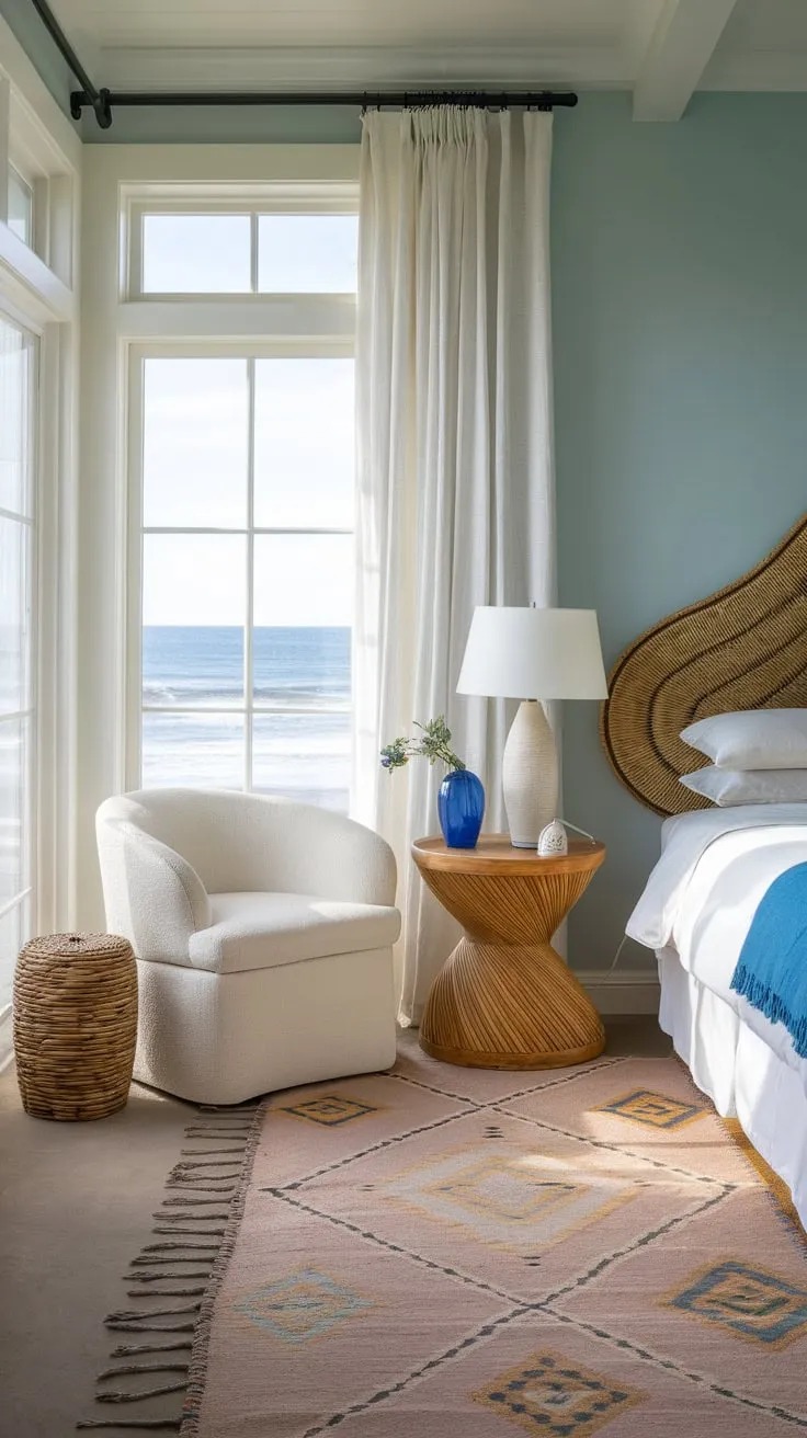 A whitewashed beach house bedroom offers a calming coastal escape, featuring woven textures and a stunning ocean vista.