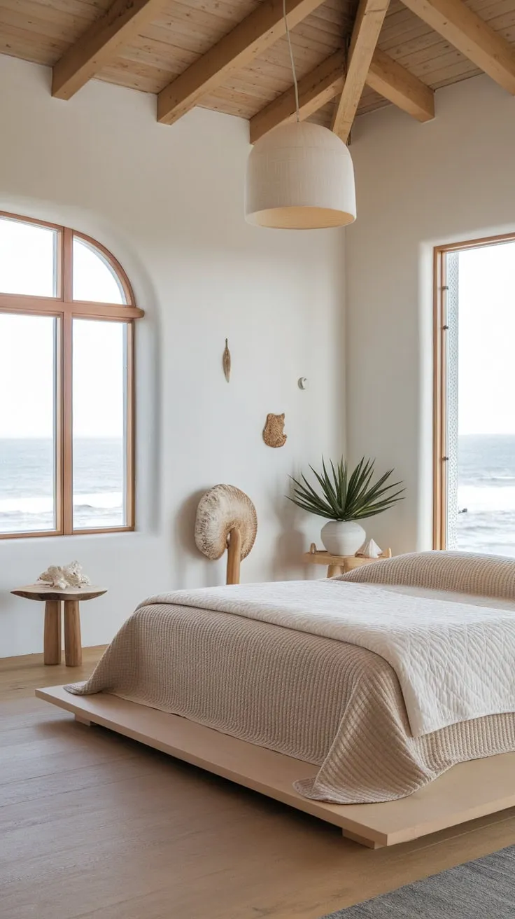 A minimalist bohemian coastal bedroom boasts a calming white and wood aesthetic, highlighted by natural light and subtle seaside accents.