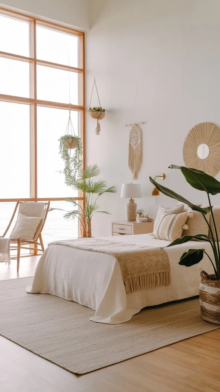 Sunlight streams into a serene coastal bedroom, its boho-chic decor blending natural textures and calming whites for a modern beach house retreat