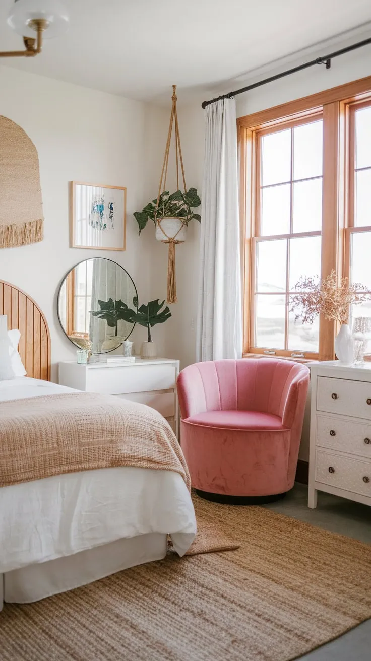Relax in a sun-drenched coastal bedroom featuring modern boho style and calming ocean views