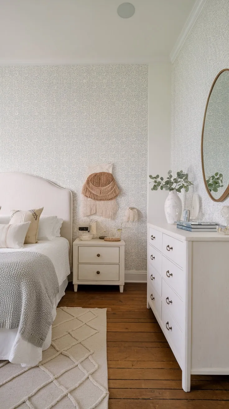 Relax in a boho-chic coastal bedroom featuring a whitewashed haven and light blue walls, complemented by woven textures and natural wood floors.
