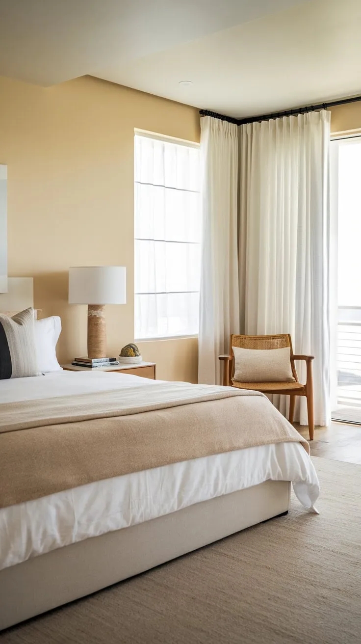 A serene coastal bedroom's soft beige palette and natural light create a tranquil beach house retreat.