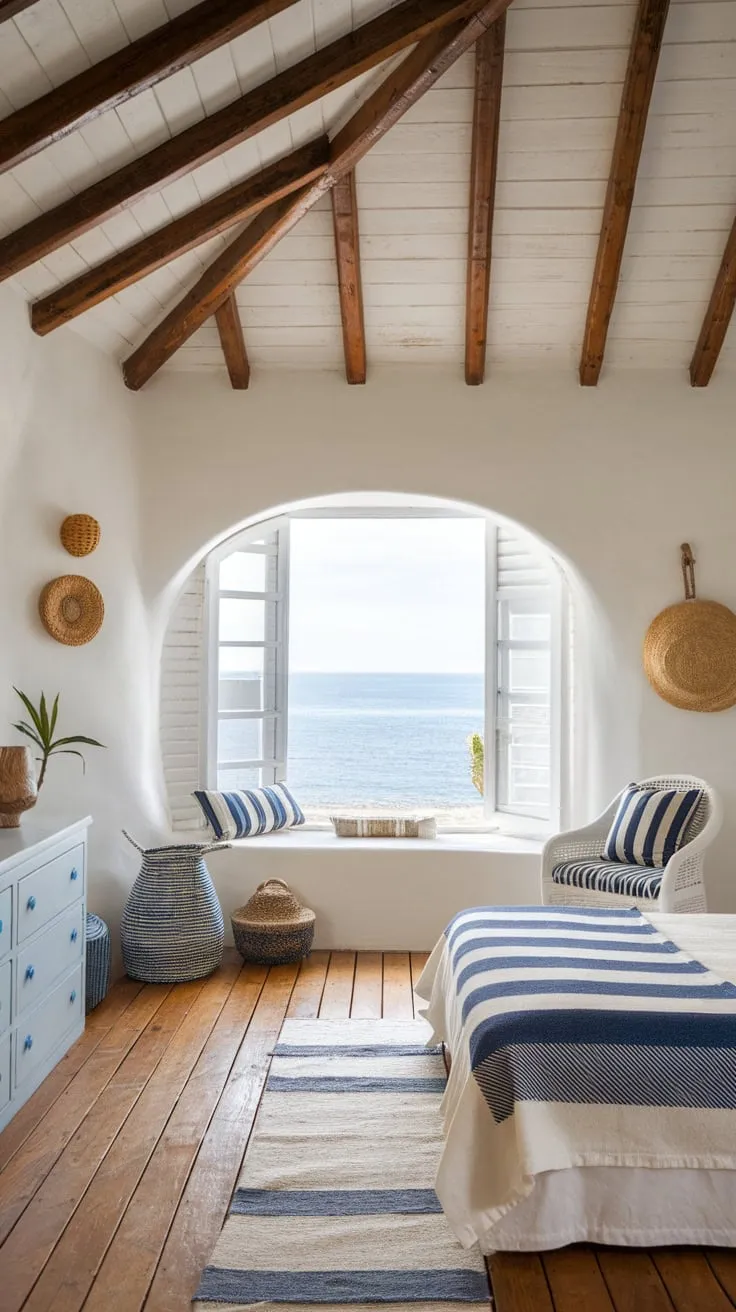 A whitewashed coastal bedroom with wooden beams, ocean views, and blue-and-white bohemian touches offers a tranquil retreat.