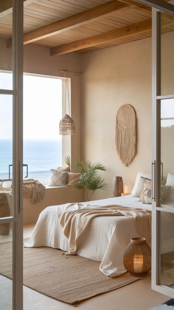 A beige and wood coastal bedroom offers a tranquil escape with ocean views and bohemian accents