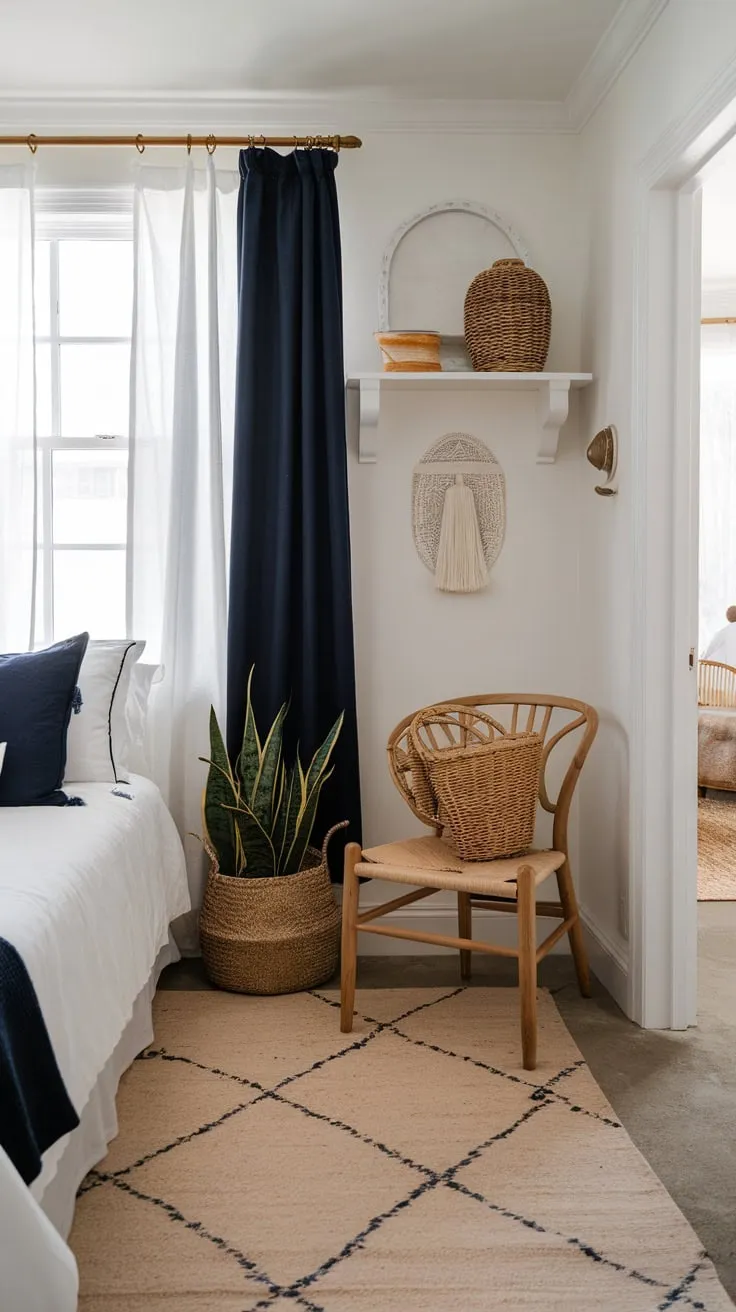 A calming coastal bedroom's boho style is defined by its navy accents, white furnishings, and natural textures.