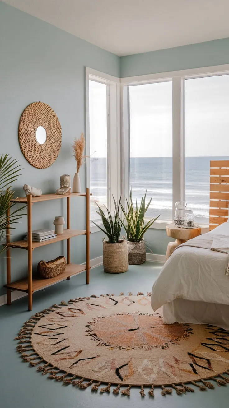 Ocean views and minimalist boho style create a serene coastal bedroom retreat