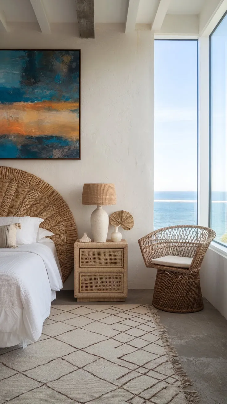 Ocean views and a minimalist boho design create a serene coastal bedroom escape.