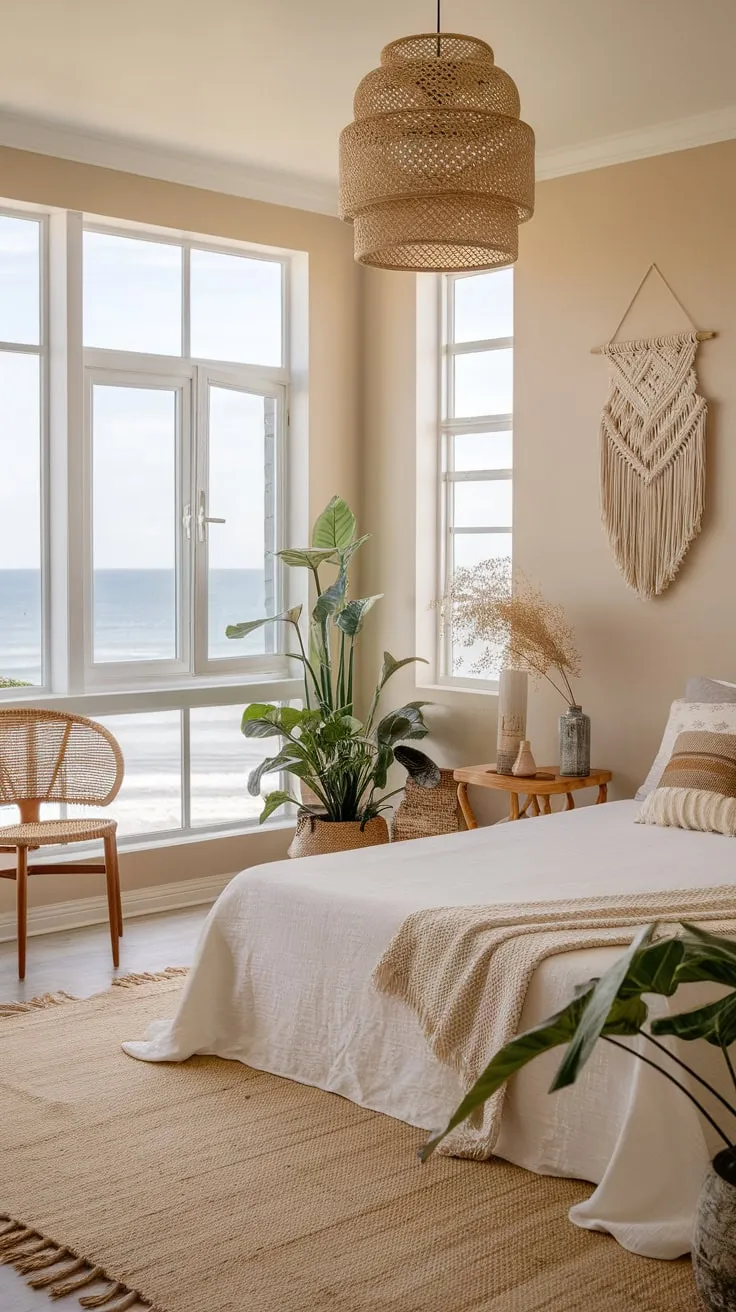A modern beach house bedroom offers calming ocean vistas and relaxed boho style with rattan, macrame, and natural elements.
