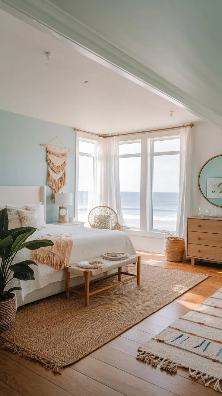 Sunlight streams into a serene coastal bedroom boasting a king-size bed, boho accents, and breathtaking ocean views