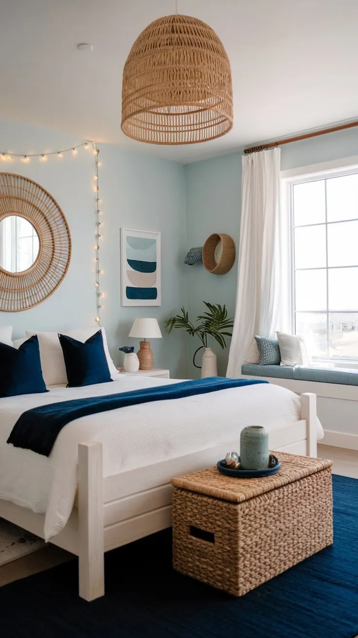 A serene coastal bedroom boasts a minimalist boho design, featuring a woven canopy bed, ocean views, and calming blue hues.