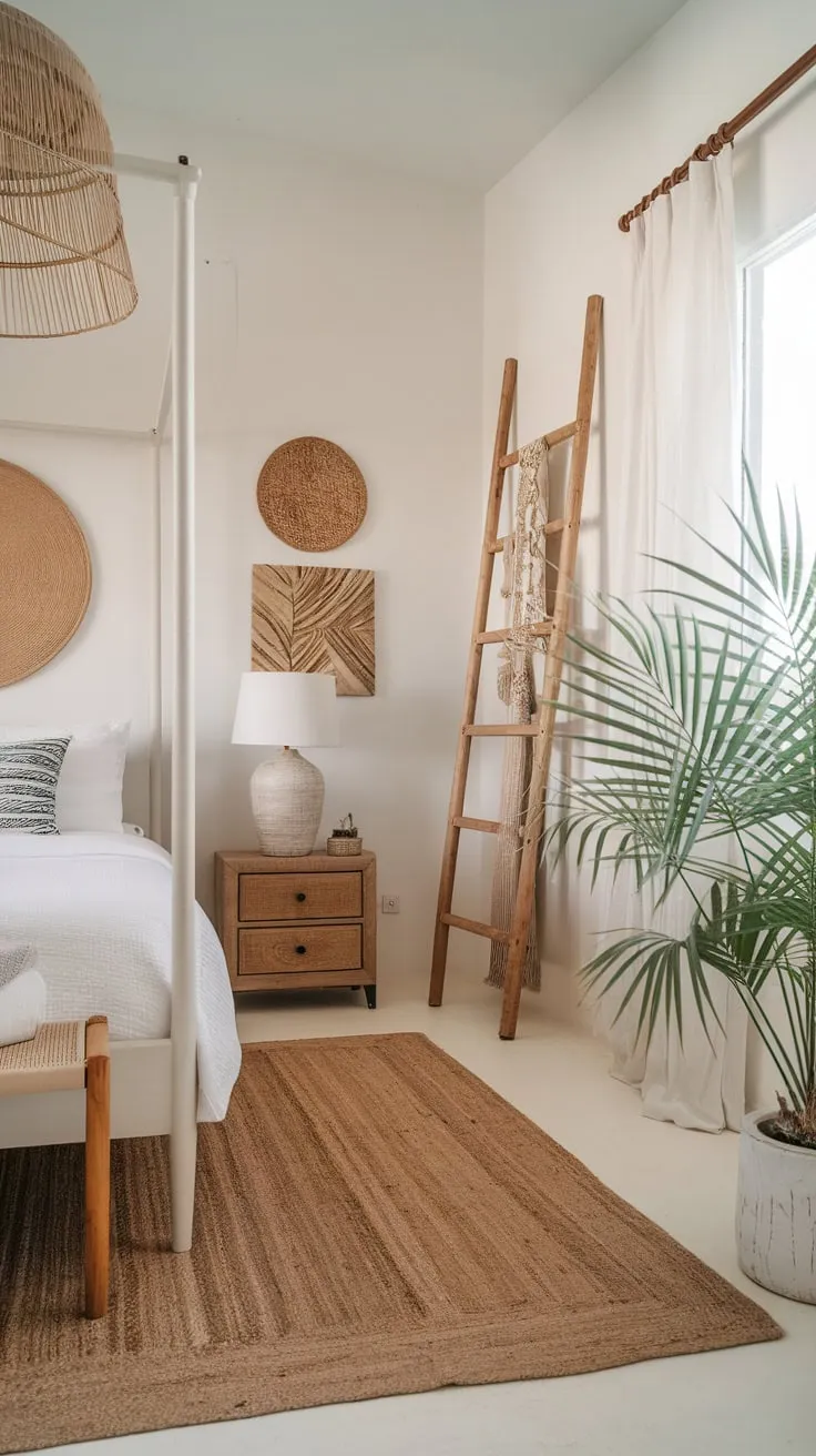 A white four-poster bed under a woven canopy anchors this boho-modern coastal bedroom, complemented by natural textures and calming plants.