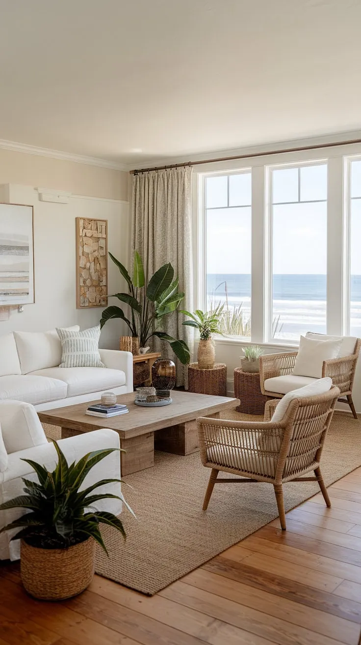 Sunlight streams into this coastal casual living room, perfectly embodying California coastal interior design.  The relaxed atmosphere is pure beach house living room bliss, a testament to the beauty of beach house interior design and coastal interiors design in a stunning coastal house.