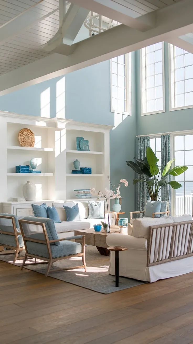 This beach house living room showcases the effortless elegance of coastal interiors design.  The California coastal interior design is flawlessly executed, creating a coastal casual living room that embodies the relaxed spirit of a coastal house.