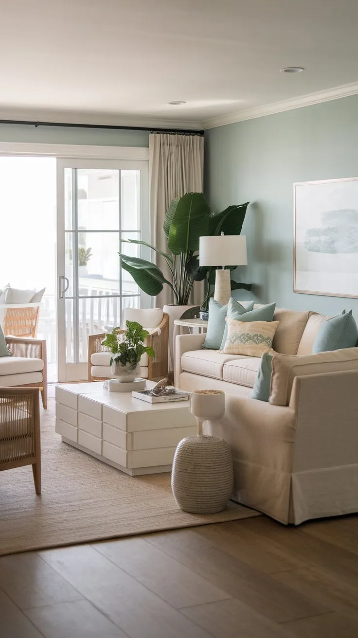 Sunlight streams into this coastal casual living room, perfectly embodying California coastal interior design.  The relaxed atmosphere is pure beach house living room bliss, a testament to the beauty of beach house interior design and coastal interiors design in a stunning coastal house.