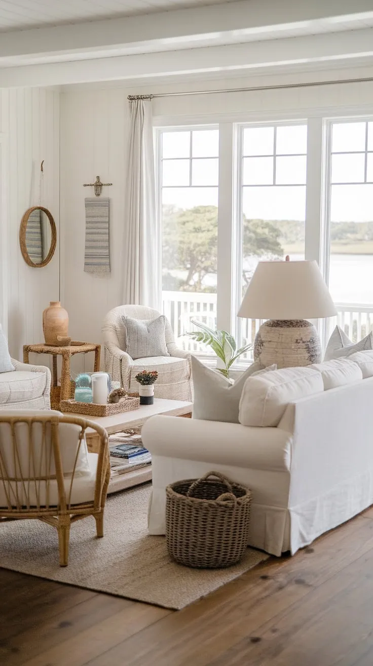 This beach house living room showcases the effortless elegance of coastal interiors design.  The California coastal interior design is flawlessly executed, creating a coastal casual living room that embodies the relaxed spirit of a coastal house.