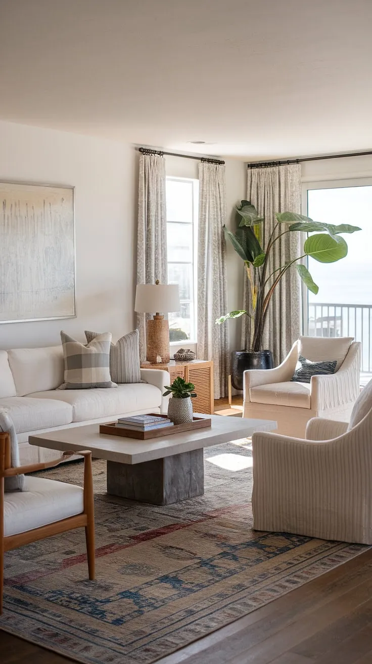 Sunlight streams into this coastal casual living room, perfectly embodying California coastal interior design.  The relaxed atmosphere is pure beach house living room bliss, a testament to the beauty of beach house interior design and coastal interiors design in a stunning coastal house.